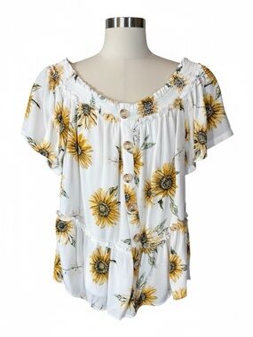 Maurices Y2K White Sunflower Button-Front Off-Shoulder Lightweight Summer Top